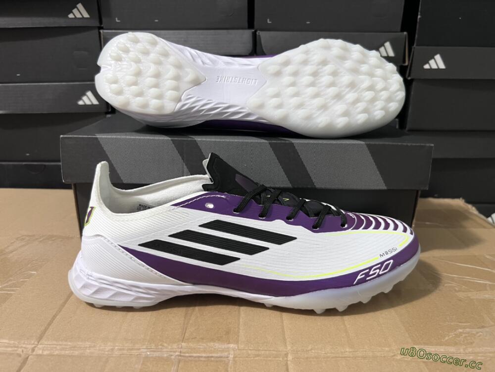 Unisex Adidas F50 Elite TF Artificial Turf Low-Tops Football Shoes - White/Black/Purple