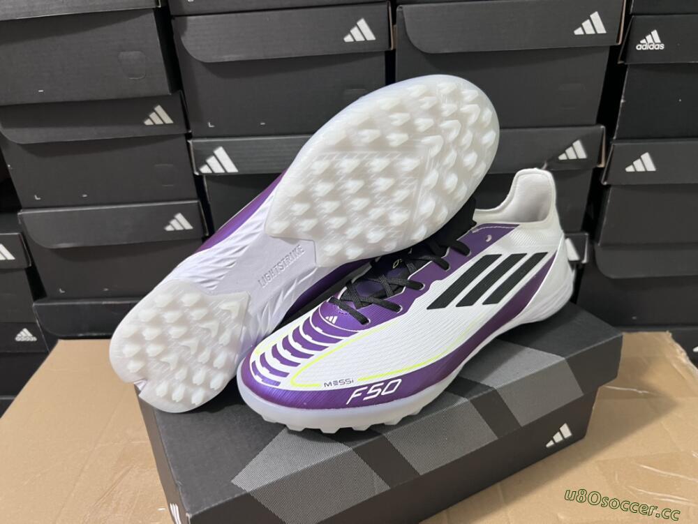 Unisex Adidas F50 Elite TF Artificial Turf Low-Tops Football Shoes - White/Black/Purple