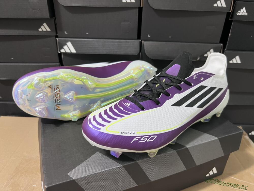 Unisex Messi x Adidas F50 Elite FG Firm Ground Low-Tops Football Boots - White/Black/Purple