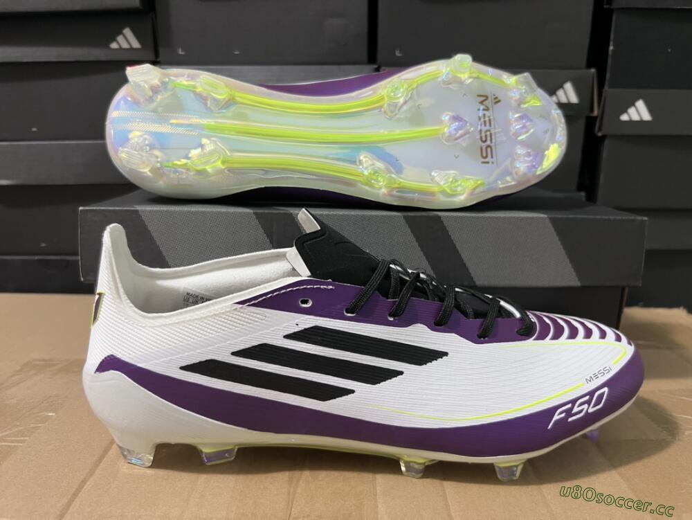 Unisex Messi x Adidas F50 Elite FG Firm Ground Low-Tops Football Boots - White/Black/Purple