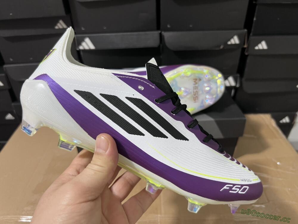 Unisex Messi x Adidas F50 Elite FG Firm Ground Low-Tops Football Boots - White/Black/Purple