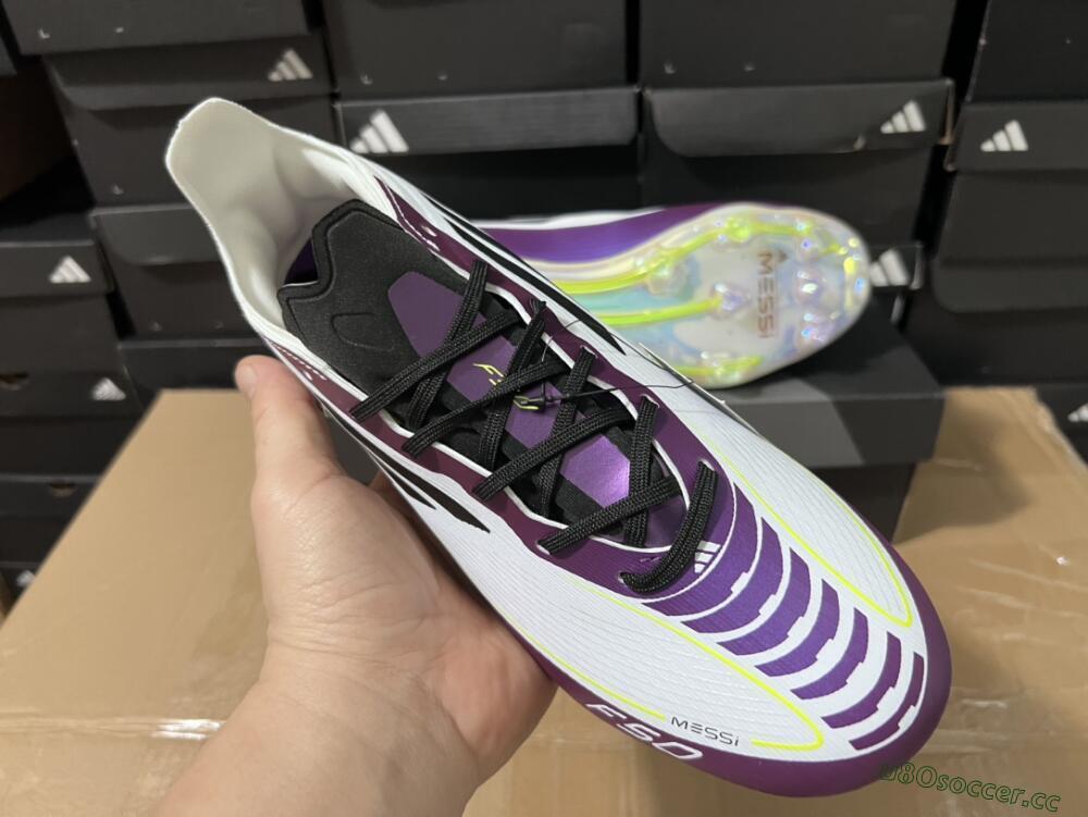 Unisex Messi x Adidas F50 Elite FG Firm Ground Low-Tops Football Boots - White/Black/Purple