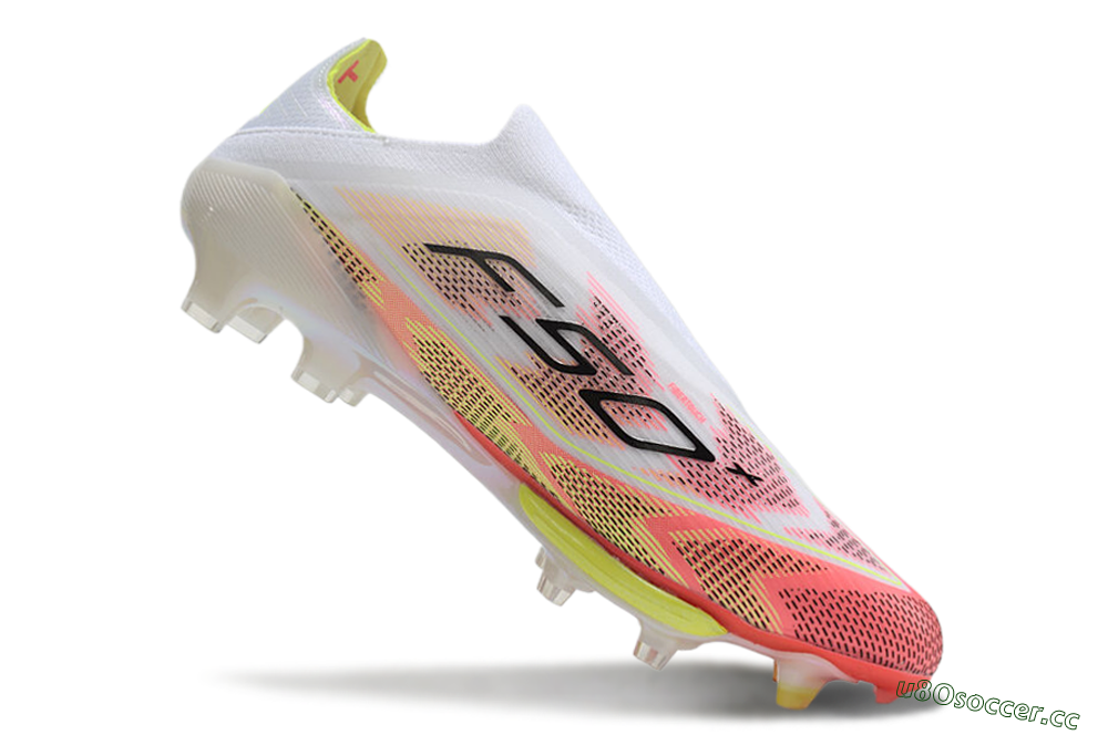 Men's Adidas F50+ Lightstrike Pro Laceless FG Firm Ground Low-Tops Football Boots - White/Red/Yellow/Black 5