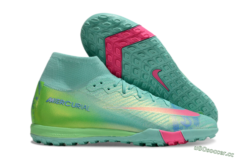 Unisex Nike Air Zoom Mercurial Superfly 10 Elite TF Artificial Turf High-Tops Football Shoes - Jade/Pink/Blue 2