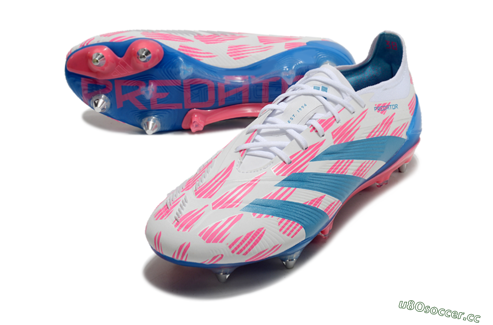 Men's Adidas Predator 24 Elite SG Soft Ground Low-Tops Football Boots - White/Pink/Blue 0