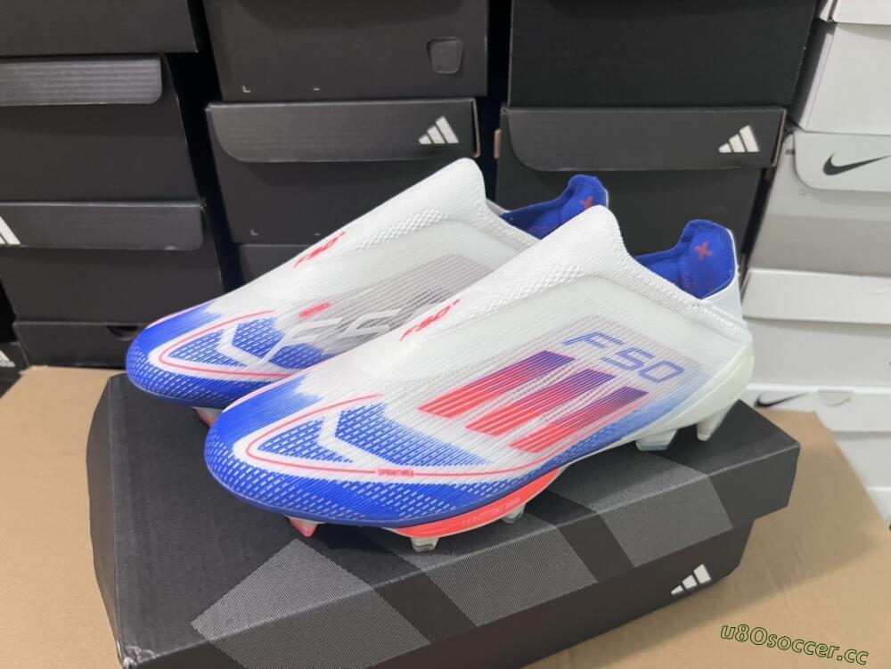 Men's Adidas F50+ Lightstrike Pro Laceless FG Firm Ground Low-Tops Football Boots - Cloud White/Solar Red/Lucid Blue