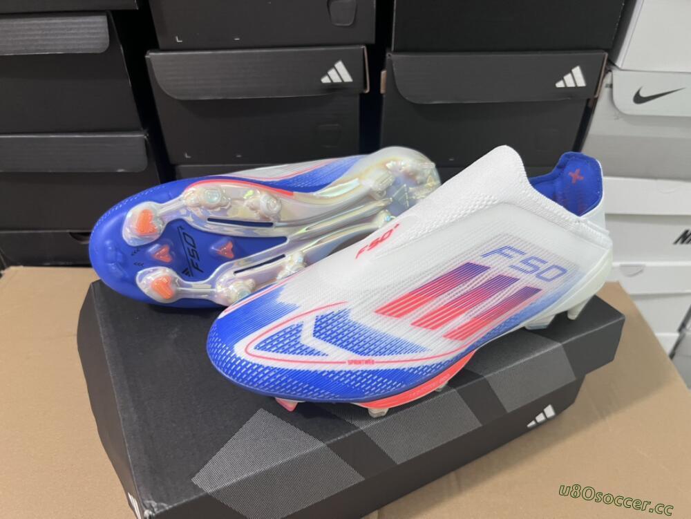 Men's Adidas F50+ Lightstrike Pro Laceless FG Firm Ground Low-Tops Football Boots - Cloud White/Solar Red/Lucid Blue