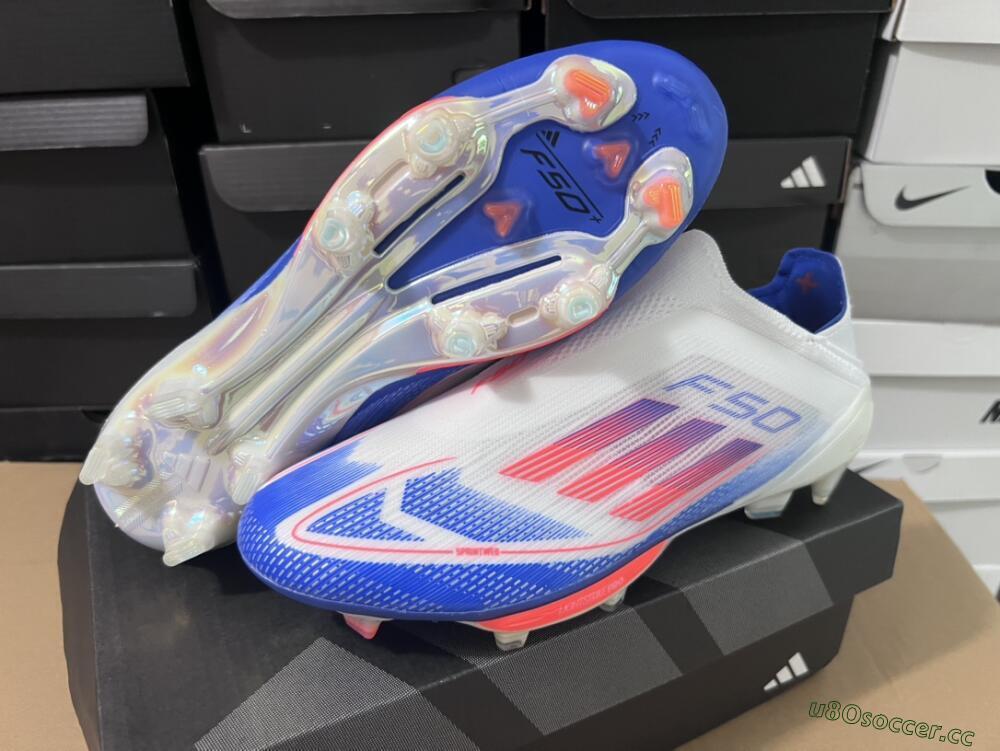 Men's Adidas F50+ Lightstrike Pro Laceless FG Firm Ground Low-Tops Football Boots - Cloud White/Solar Red/Lucid Blue