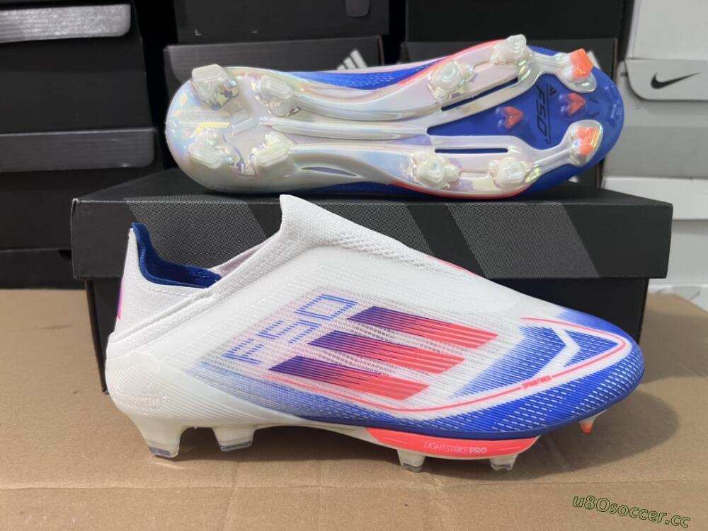 Men's Adidas F50+ Lightstrike Pro Laceless FG Firm Ground Low-Tops Football Boots - Cloud White/Solar Red/Lucid Blue