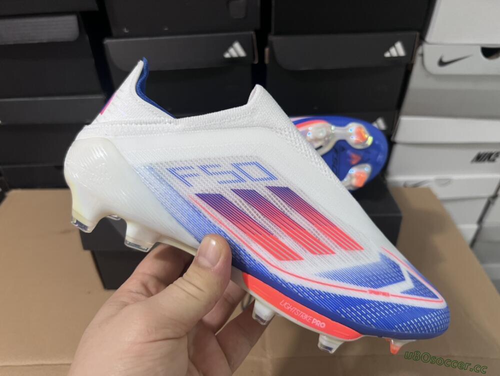 Men's Adidas F50+ Lightstrike Pro Laceless FG Firm Ground Low-Tops Football Boots - Cloud White/Solar Red/Lucid Blue