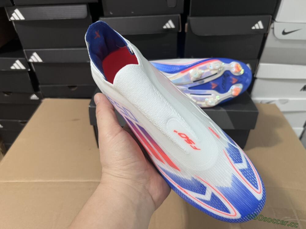 Men's Adidas F50+ Lightstrike Pro Laceless FG Firm Ground Low-Tops Football Boots - Cloud White/Solar Red/Lucid Blue