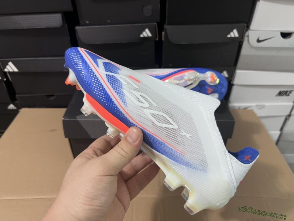 Men's Adidas F50+ Lightstrike Pro Laceless FG Firm Ground Low-Tops Football Boots - Cloud White/Solar Red/Lucid Blue