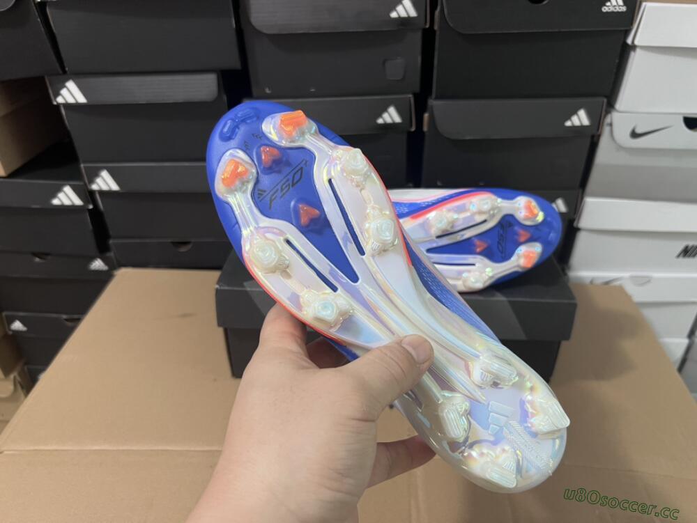 Men's Adidas F50+ Lightstrike Pro Laceless FG Firm Ground Low-Tops Football Boots - Cloud White/Solar Red/Lucid Blue