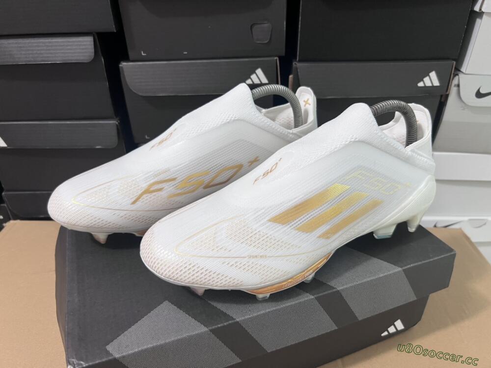 Men's Adidas F50+ Lightstrike Pro Laceless FG Firm Ground Low-Tops Football Boots - Cloud White/Gold Metallic/Cloud White