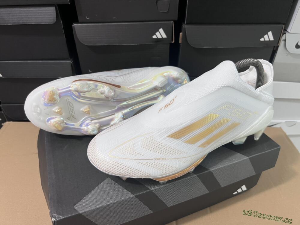 Men's Adidas F50+ Lightstrike Pro Laceless FG Firm Ground Low-Tops Football Boots - Cloud White/Gold Metallic/Cloud White