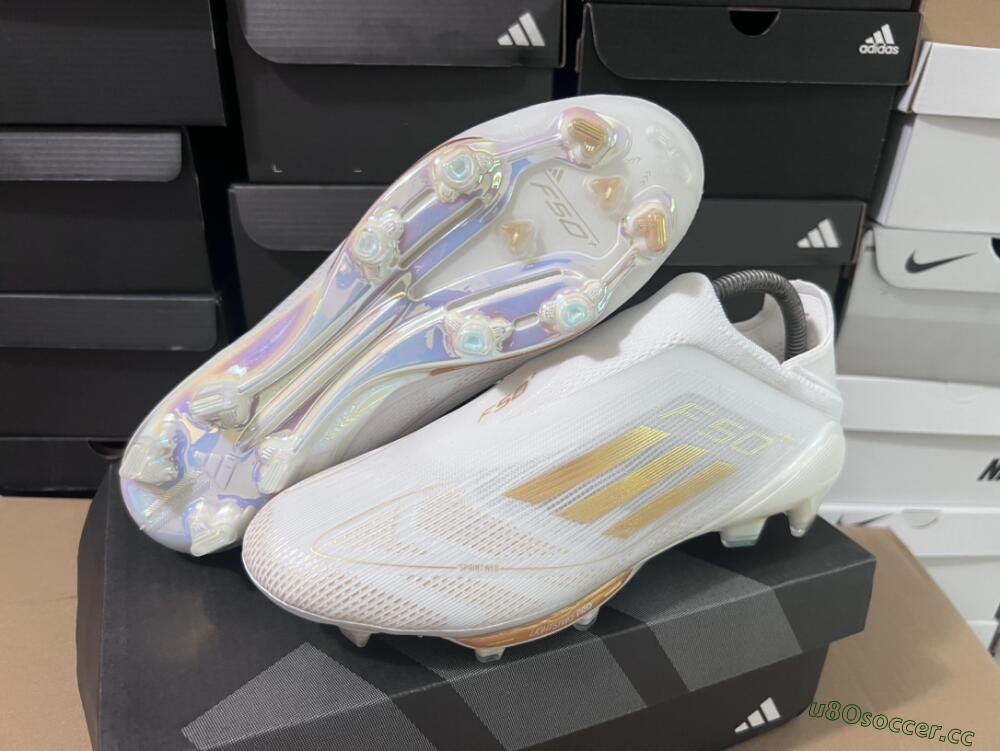 Men's Adidas F50+ Lightstrike Pro Laceless FG Firm Ground Low-Tops Football Boots - Cloud White/Gold Metallic/Cloud White