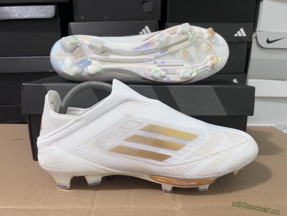 Men's Adidas F50+ Lightstrike Pro Laceless FG Firm Ground Low-Tops Football Boots - Cloud White/Gold Metallic/Cloud White