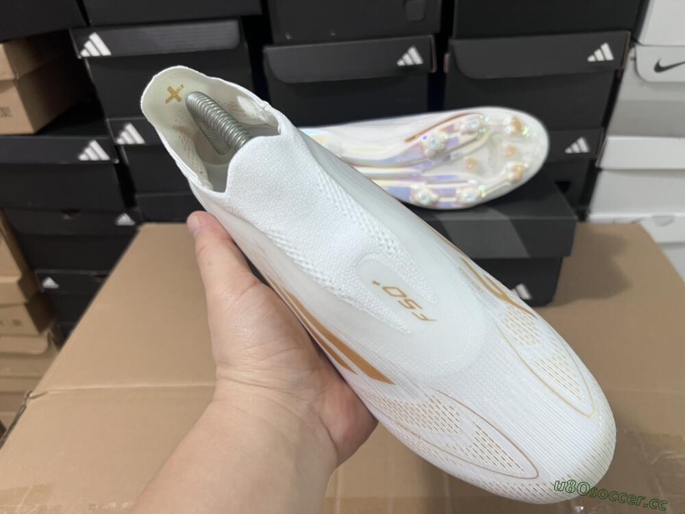 Men's Adidas F50+ Lightstrike Pro Laceless FG Firm Ground Low-Tops Football Boots - Cloud White/Gold Metallic/Cloud White