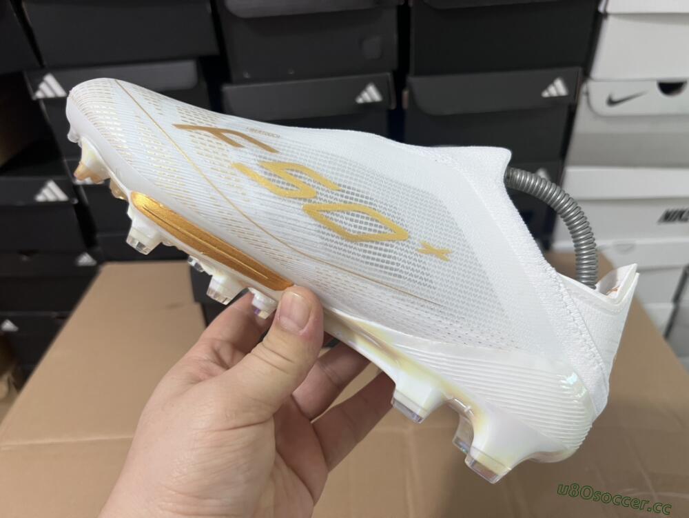 Men's Adidas F50+ Lightstrike Pro Laceless FG Firm Ground Low-Tops Football Boots - Cloud White/Gold Metallic/Cloud White