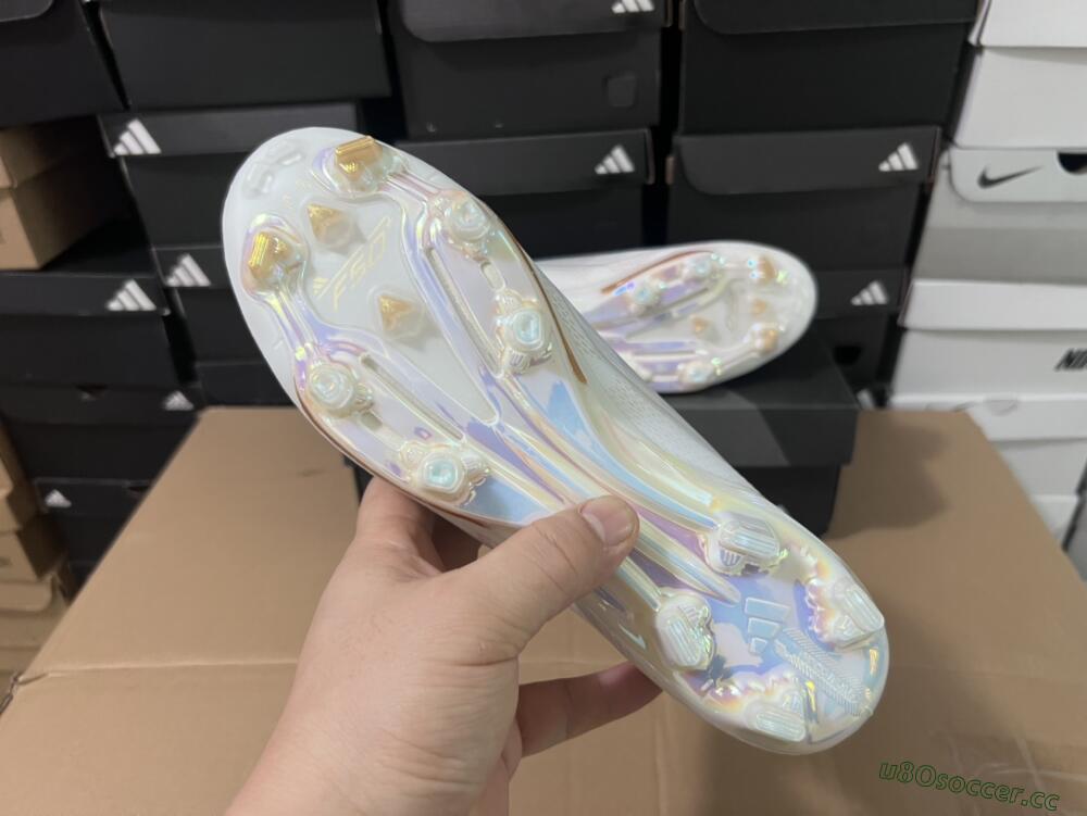 Men's Adidas F50+ Lightstrike Pro Laceless FG Firm Ground Low-Tops Football Boots - Cloud White/Gold Metallic/Cloud White