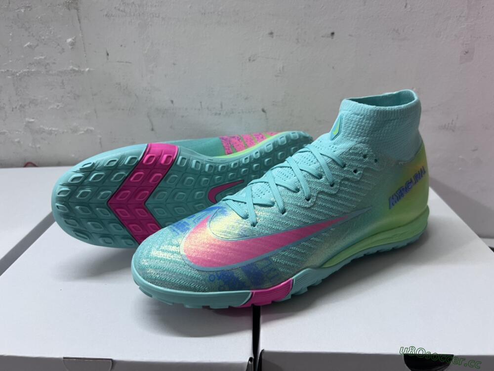 Unisex Nike Air Zoom Mercurial Superfly 10 Elite TF Artificial Turf High-Tops Football Shoes - Jade/Pink/Blue