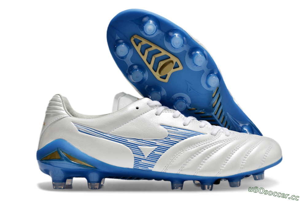 Men's Mizuno Morelia Neo 4 FG Firm Ground Low-Tops Football Boots - White/Blue/Gold 2