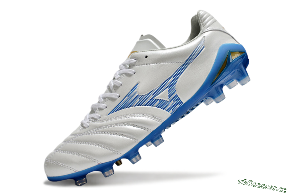 Men's Mizuno Morelia Neo 4 FG Firm Ground Low-Tops Football Boots - White/Blue/Gold 5