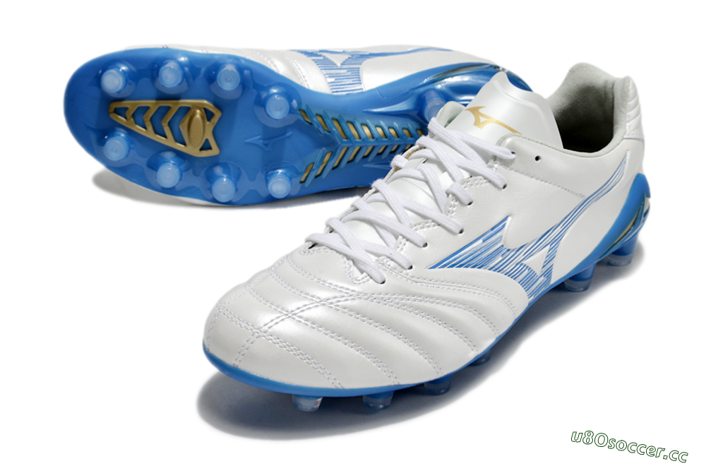 Men's Mizuno Morelia Neo 4 FG Firm Ground Low-Tops Football Boots - White/Blue/Gold 3
