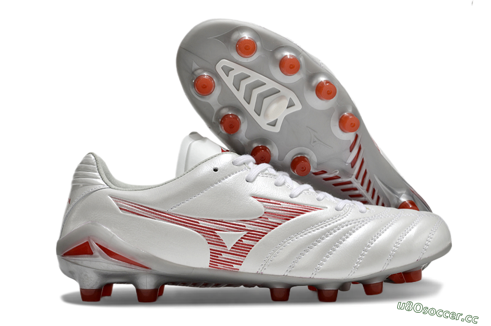 Men's Mizuno Morelia Neo 4 FG Firm Ground Low-Tops Football Boots - White/Silver/Red 2