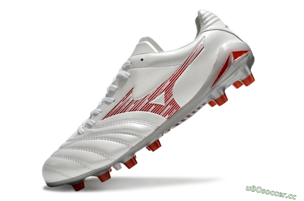 Men's Mizuno Morelia Neo 4 FG Firm Ground Low-Tops Football Boots - White/Silver/Red 5