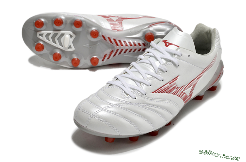 Men's Mizuno Morelia Neo 4 FG Firm Ground Low-Tops Football Boots - White/Silver/Red 3