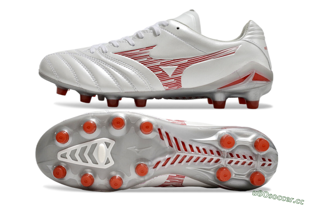 Men's Mizuno Morelia Neo 4 FG Firm Ground Low-Tops Football Boots - White/Silver/Red 1