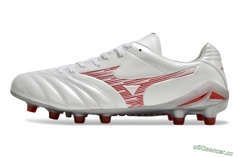 Men's Mizuno Morelia Neo 4 FG Firm Ground Low-Tops Football Boots - White/Silver/Red 0