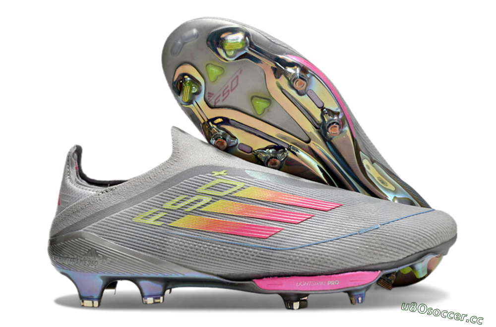 Men's Adidas F50+ Lightstrike Elite Laceless FG Firm Ground Low-Tops Football Boots - Grey/Pink/Yellow 2