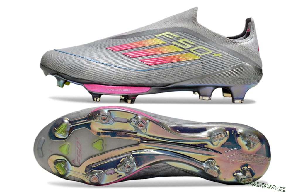 Men's Adidas F50+ Lightstrike Elite Laceless FG Firm Ground Low-Tops Football Boots - Grey/Pink/Yellow 1