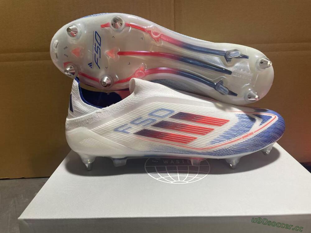 Men's Adidas F50 Elite Laceless SG Soft Ground Low-Tops Football Boots - White/Blue/Red