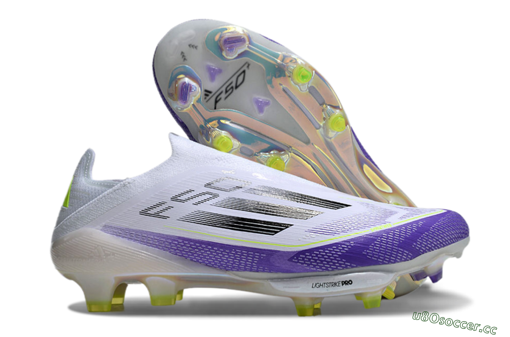 Men's Adidas F50+ Elite Lightstrike Pro Laceless FG Firm Ground Low-Tops Football Boots - White/Purple/Black 2