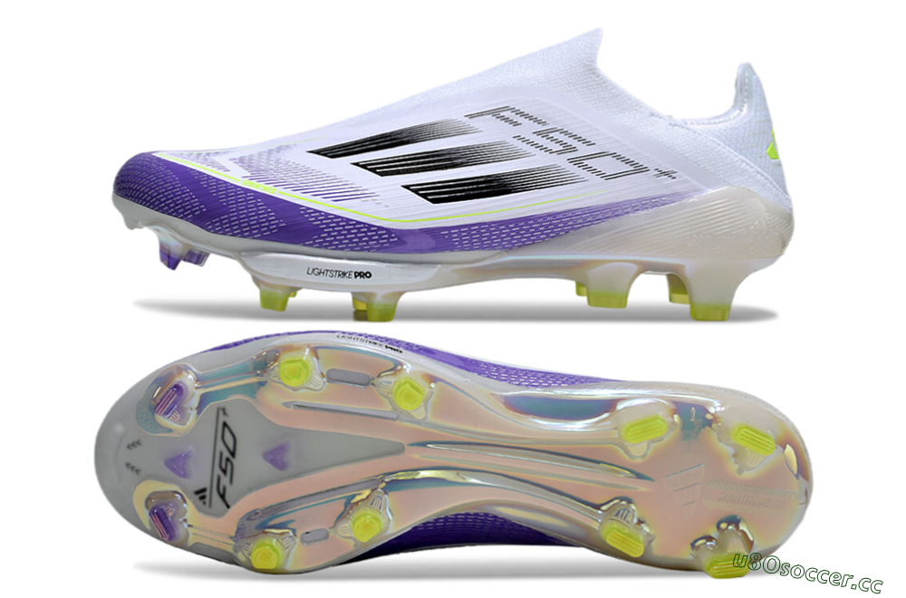 Men's Adidas F50+ Elite Lightstrike Pro Laceless FG Firm Ground Low-Tops Football Boots - White/Purple/Black 1
