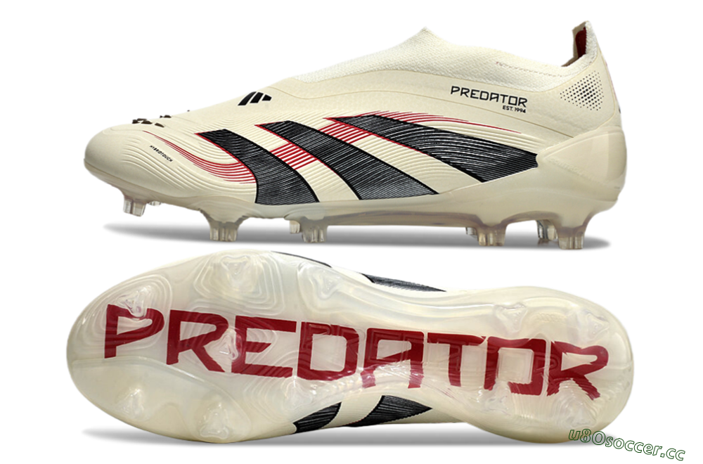 Unisex Adidas Predator Elite Laceless FG Firm Ground Low-Tops Football Boots - Beige/Red/Black 1