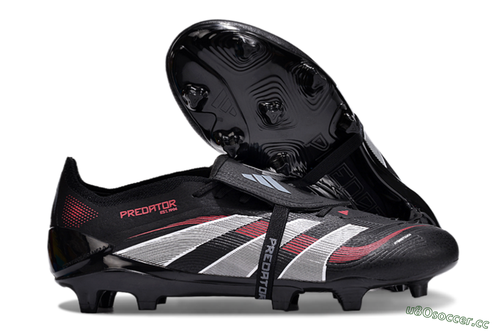 Unisex Adidas Predator Elite Foldover Tongue 2025 Stealth Victory FG Firm Ground Low-Tops Football Boots - Black/White/Red 2