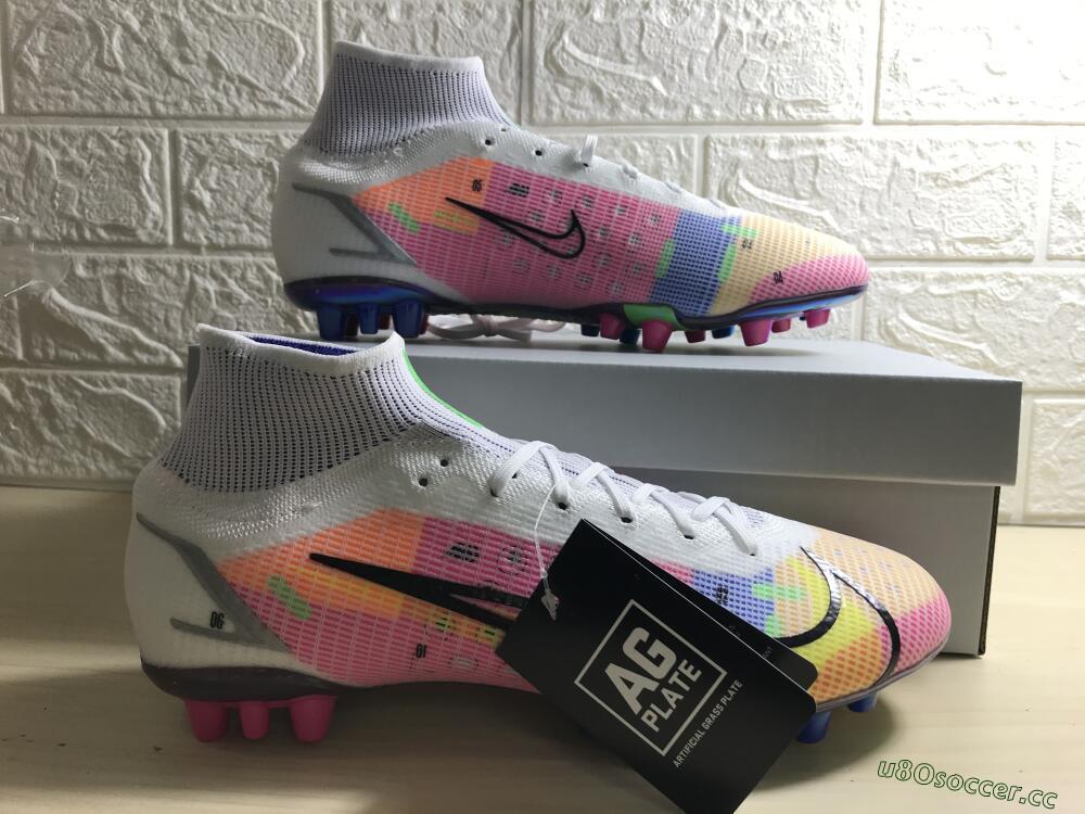 Unisex Nike Mercurial Superfly 8 Elite AG Artificial Grass High-Tops Football Boots - White/Pink/Blue/Yellow