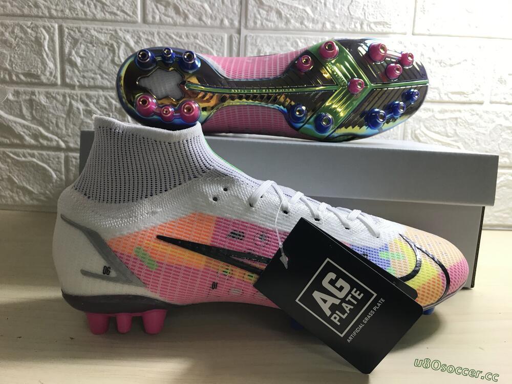 Unisex Nike Mercurial Superfly 8 Elite AG Artificial Grass High-Tops Football Boots - White/Pink/Blue/Yellow