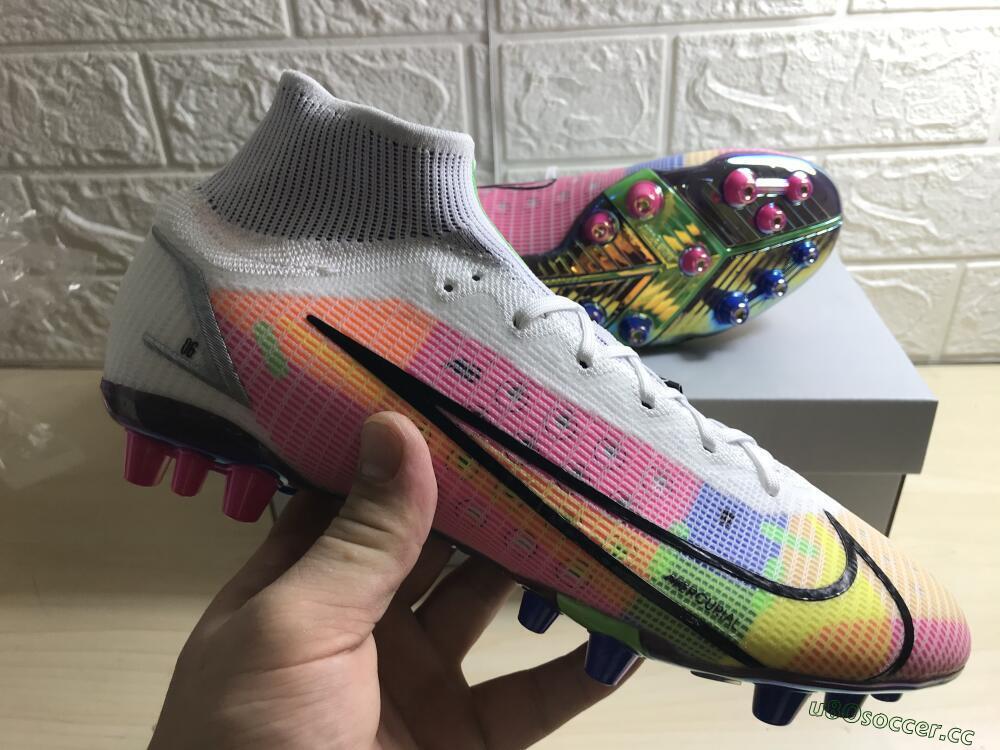 Unisex Nike Mercurial Superfly 8 Elite AG Artificial Grass High-Tops Football Boots - White/Pink/Blue/Yellow