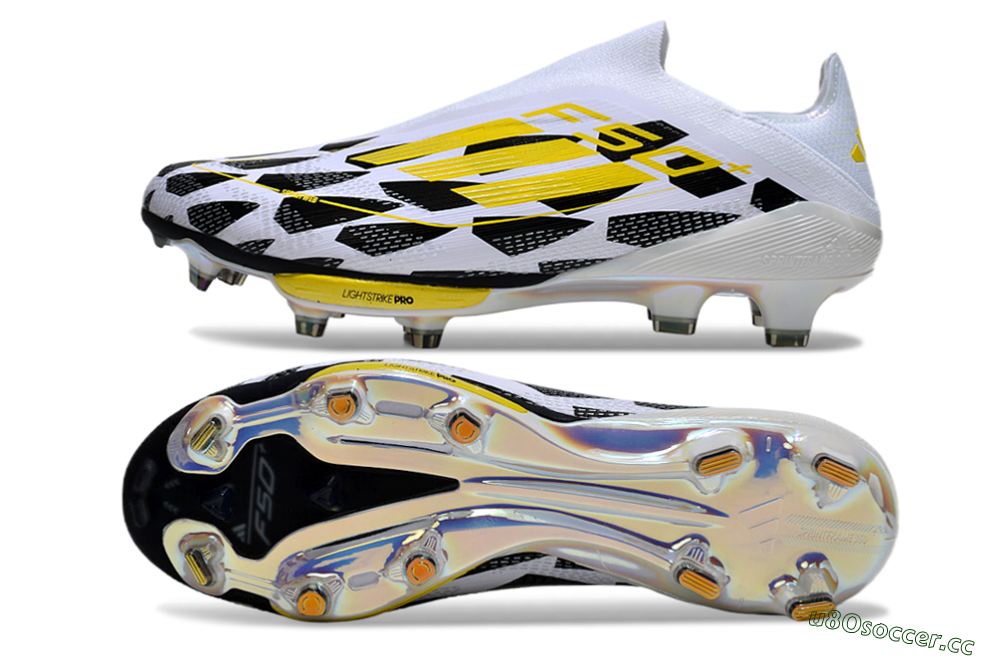 Unisex Adidas F50+ Elite Lightstrike Pro Laceless FG Firm Ground Low-Tops Football Boots - White/Black/Yellow 1