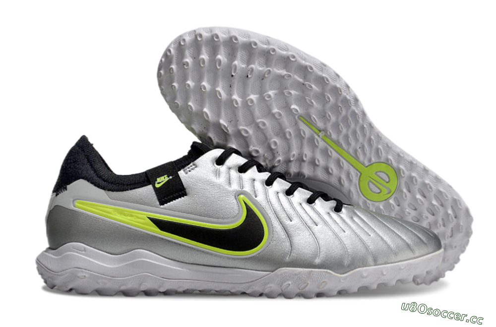 Men's Nike Tiempo Legend 10 Pro TF Artificial Turf Low-Tops Football Shoes - Silver/Black/Yellow 2