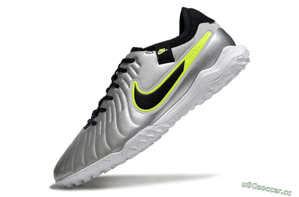 Men's Nike Tiempo Legend 10 Pro TF Artificial Turf Low-Tops Football Shoes - Silver/Black/Yellow 5