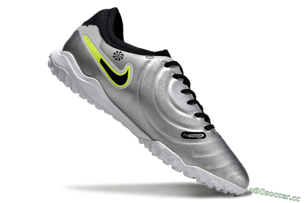 Men's Nike Tiempo Legend 10 Pro TF Artificial Turf Low-Tops Football Shoes - Silver/Black/Yellow 4