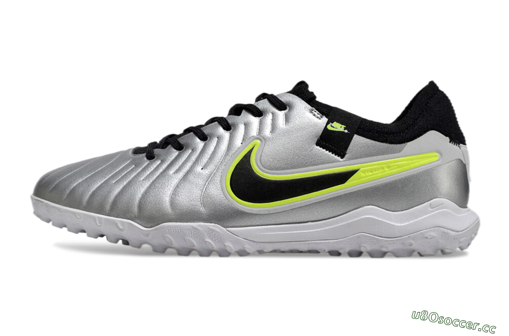 Men's Nike Tiempo Legend 10 Pro TF Artificial Turf Low-Tops Football Shoes - Silver/Black/Yellow 0