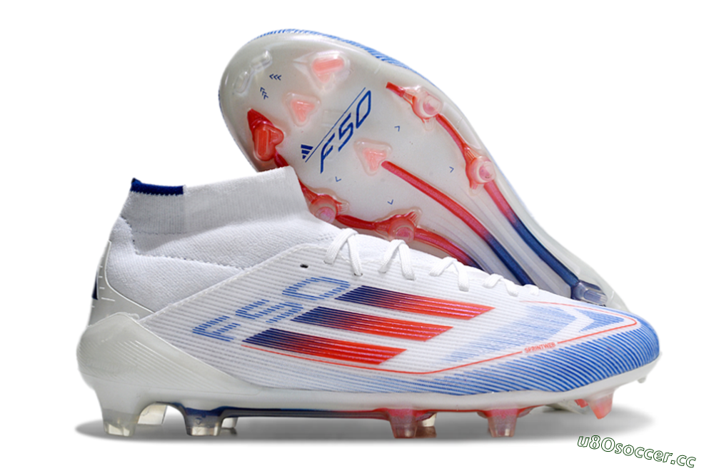 Men's Adidas F50 Elite Mid FG Firm Ground High-Tops Football Boots - White/Red/Blue 2