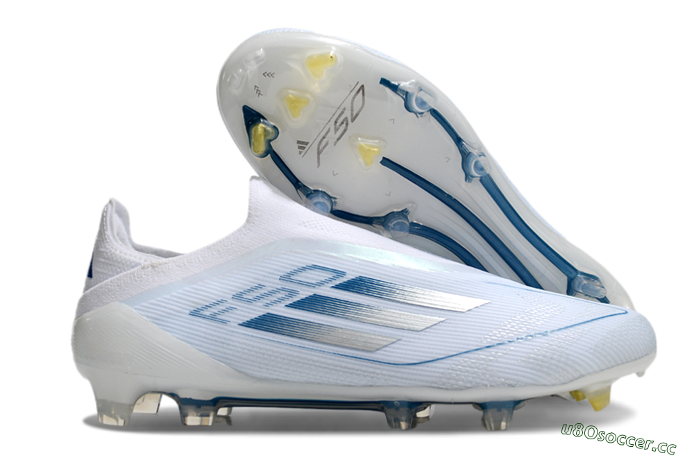 Men's Adidas F50 Elite Laceless FG Firm Ground Low-Tops Football Boots - White/Silver/Blue 2